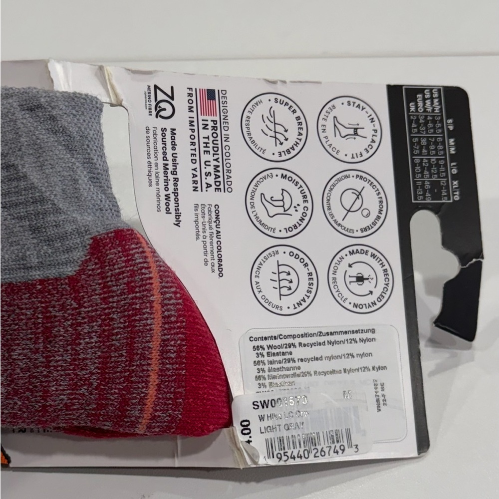 Smartwool Women's Medium Hike Light Cushion Crew Socks Red Grey NWT Merino Wool - Picture 6 of 7